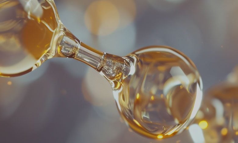 Close-up of golden liquid droplets connected in a chain.